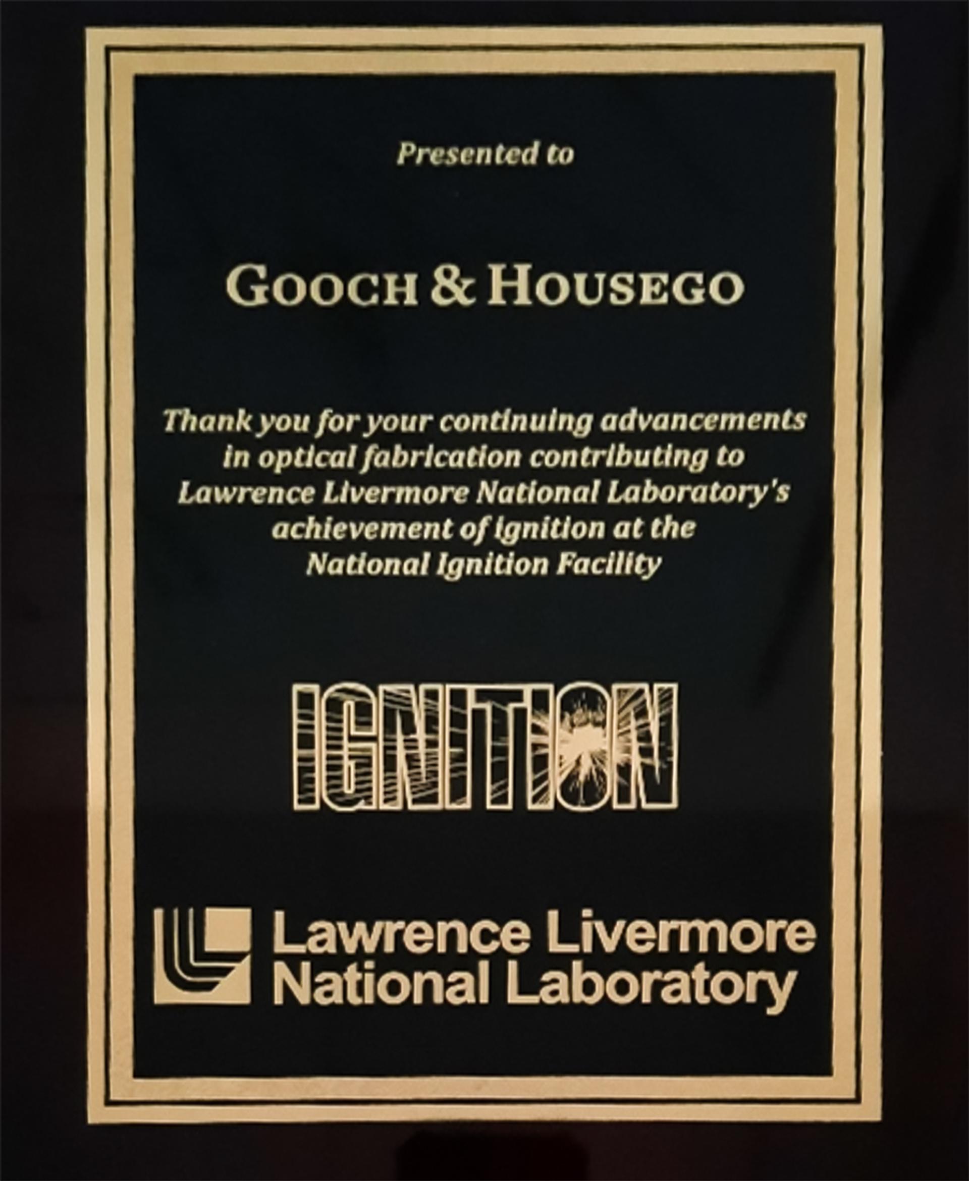 Plaque presented to Gooch & Housego by Lawrence Livermore National Laboratory, recognising the company’s optical fabrication contributions to achieving ignition at the National Ignition Facility, featuring the LLNL and Ignition logos