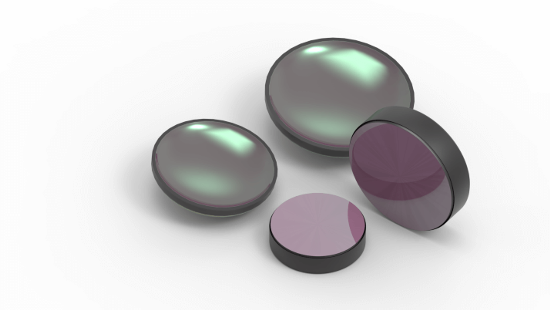 A group of four circular infrared optical lenses with dark outer casings. The lenses have a reflective, slightly domed surface that displays green and purple hues, indicating specialized optical coatings. The components are arranged on a white background, commonly used in precision optical systems.
