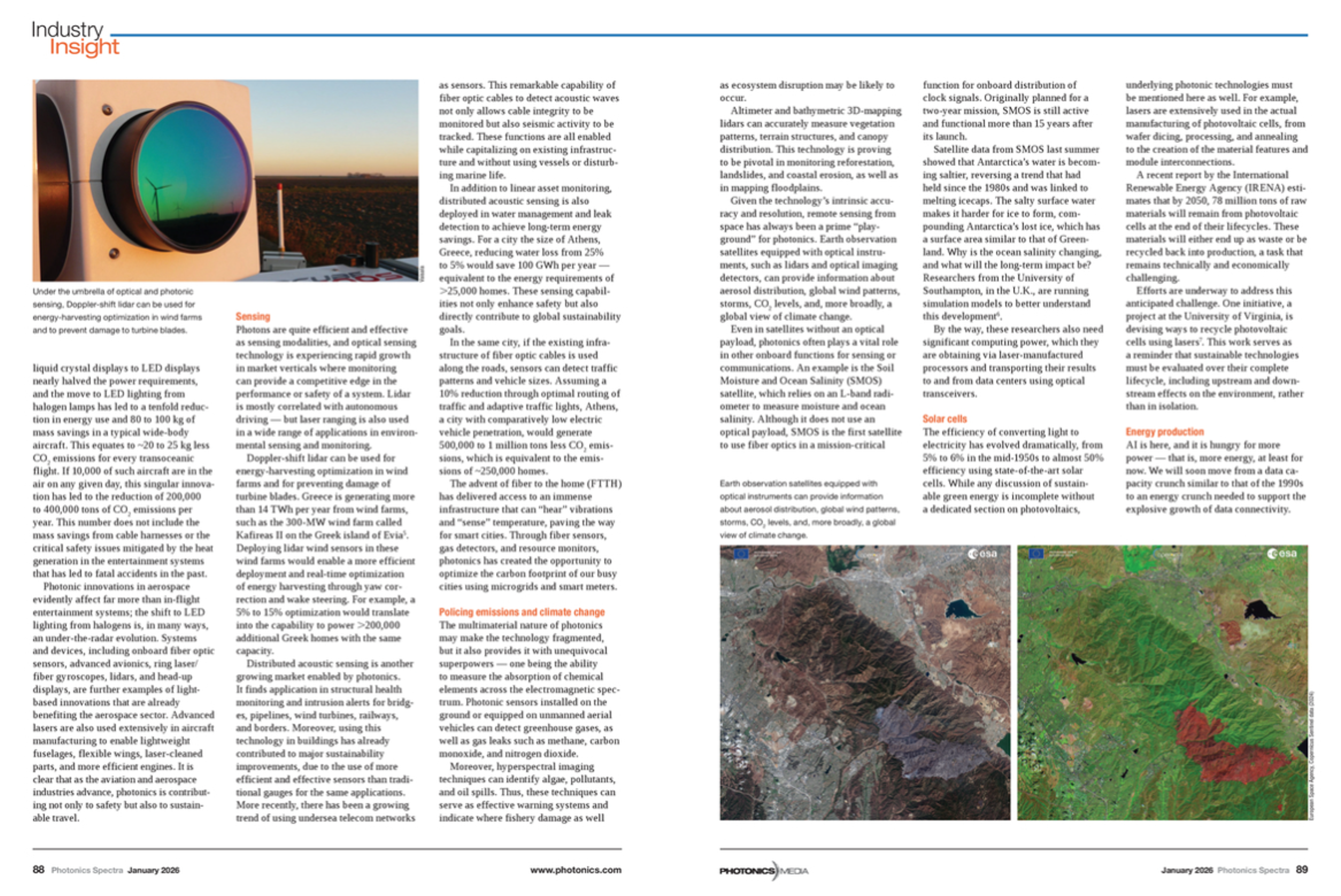 Industry Insight article spread from Photonics Spectra, January 2026, showing pages four and five of ‘Photonics: Underpinning a Sustainable Future,’ with dense multi-column text discussing sensing, emissions monitoring, solar cells, and energy production, alongside images of optical sensors, satellite imagery, and environmental monitoring applications.