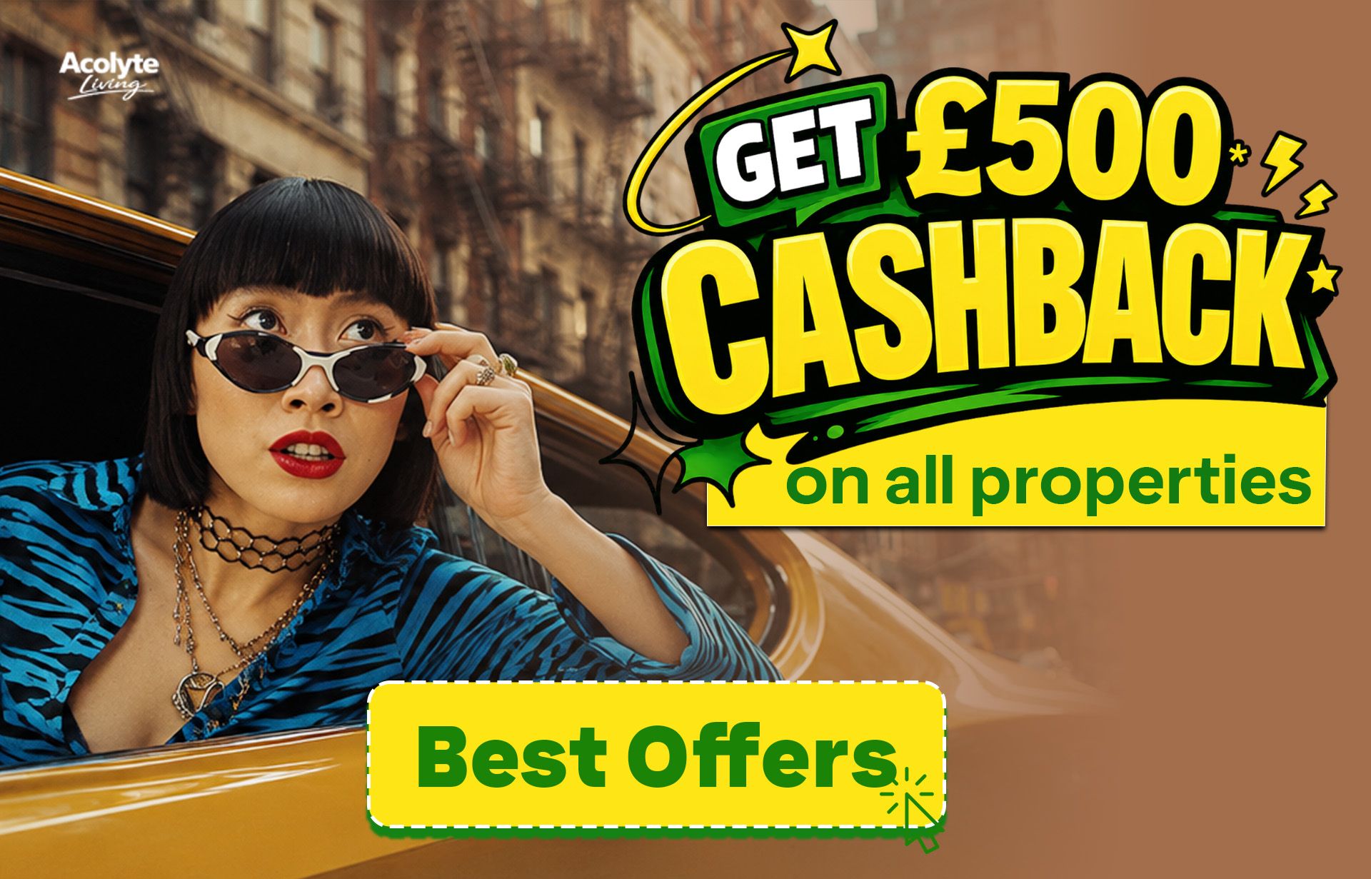 Acolyte Living banner promoting up to £500 cashback on student accommodation bookings across all properties.