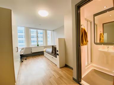 Bright, modern ensuite bedroom featuring contemporary furnishings and ample natural light.