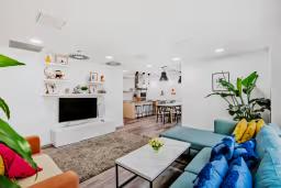 Spacious shared living area with colourful sofas, a TV, coffee table, dining space, and an open-plan kitchen.