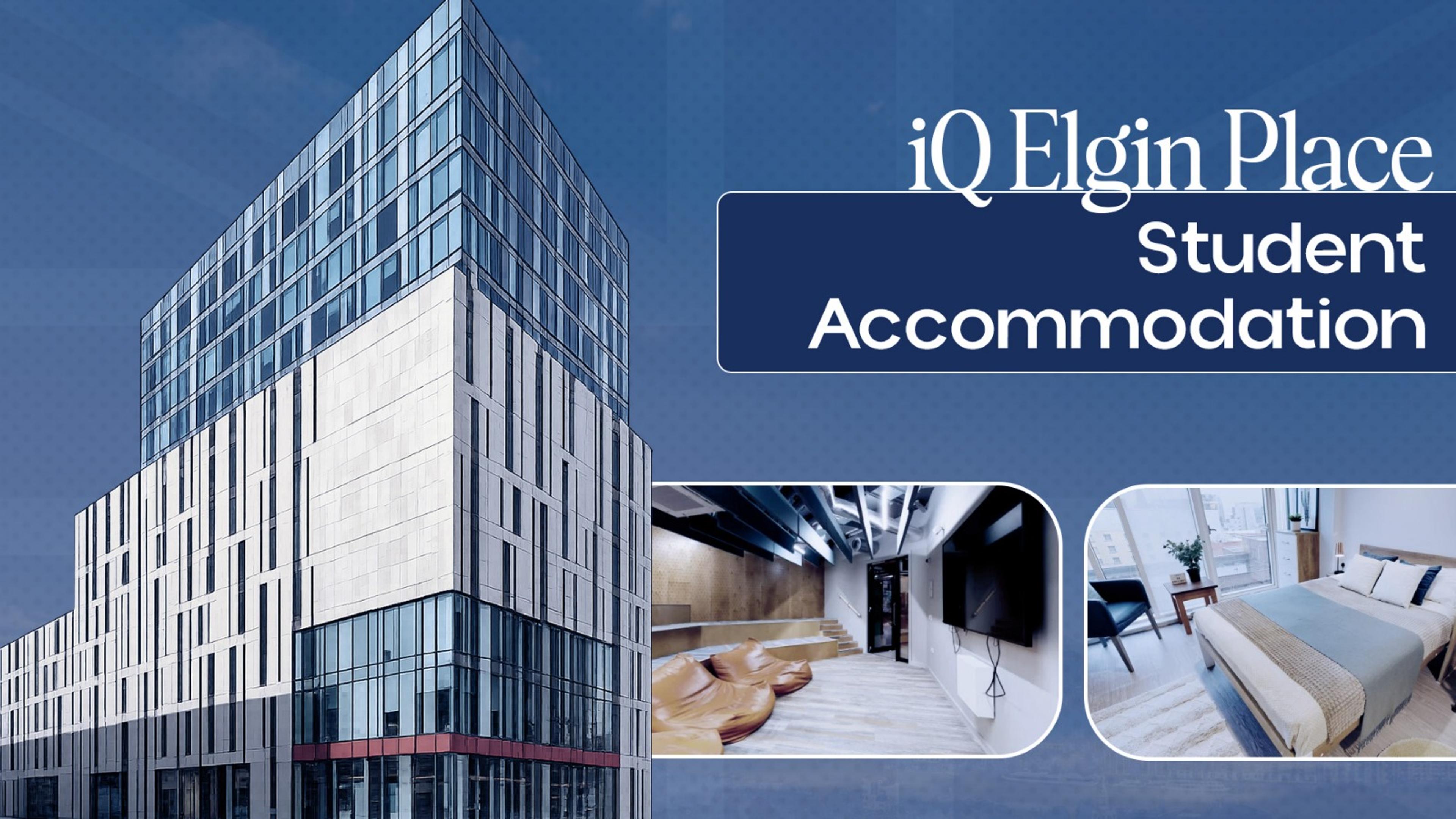 Elgin Place iQ student accommodation Glasgow building exterior with modern student rooms and social spaces.