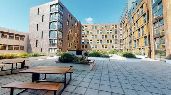 Modern student accommodation at Haywood Residence in London with spacious outdoor courtyards and premium student facilities.