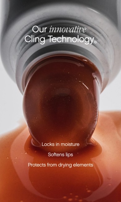 Thick, shimmering amber liquid pouring from a tube with text: "Our innovative Cling TechnologyĀ® Locks in moisture Softens lips Protects from drying elements."