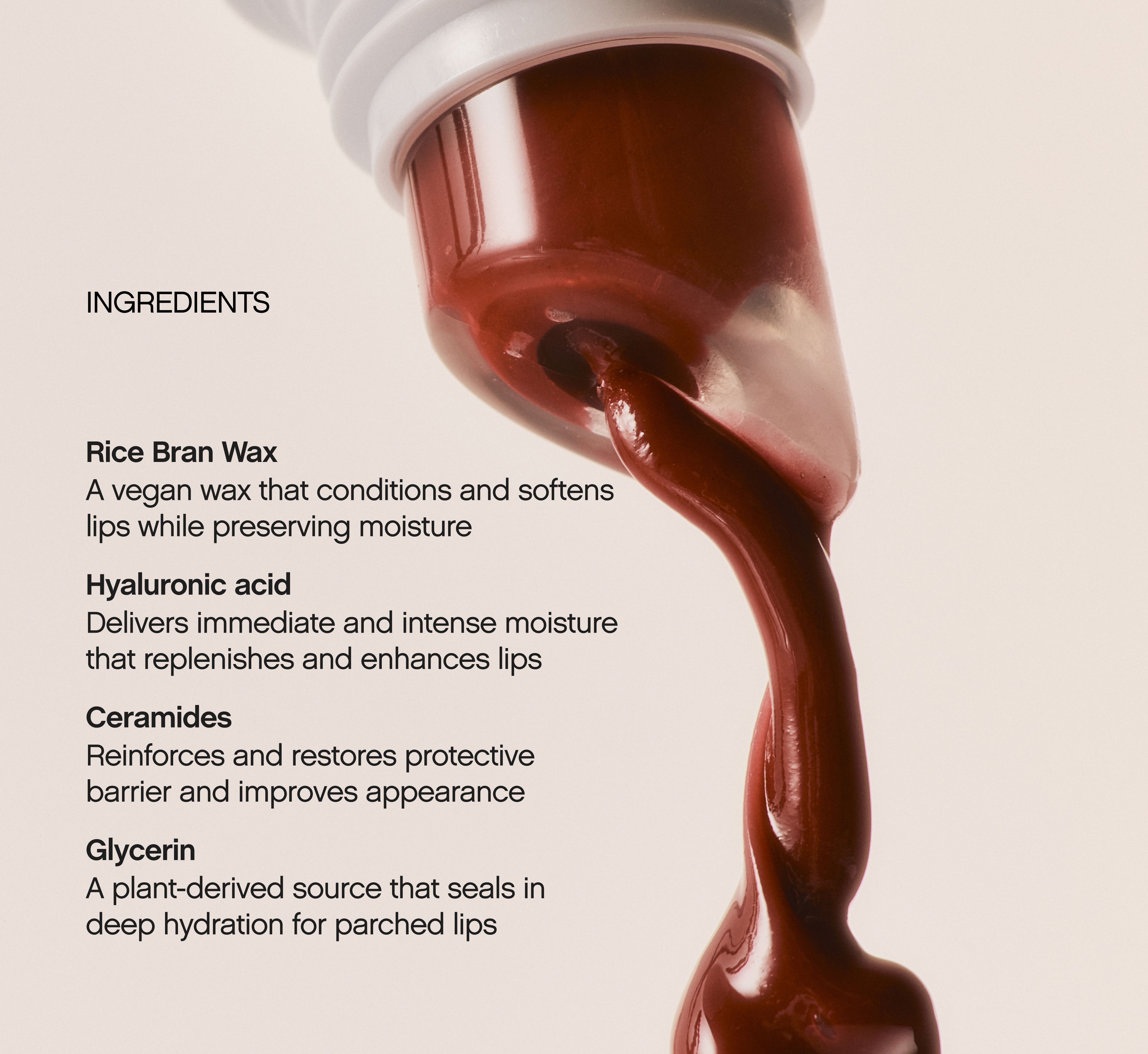 Glossy reddish-brown product being squeezed from a tube, alongside text detailing its ingredients and their benefits.