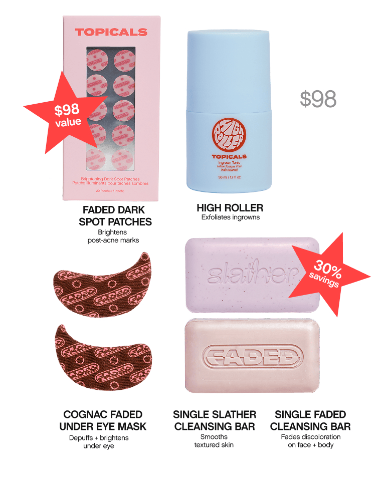 A collection of Topicals skincare products, including dark spot patches, a high roller, under-eye masks, and two cleansing bars, with prices and savings indicated.