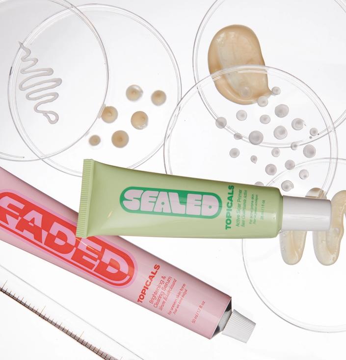 Topicals FADED and SEALED tubes with product swatches on petri dishes.