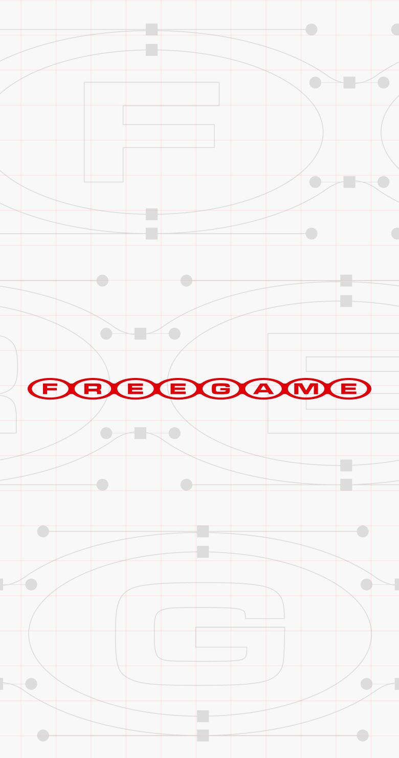The word FREEGAME in red circles, centered on a white grid background with faint blueprint-style letters and vector graphics.