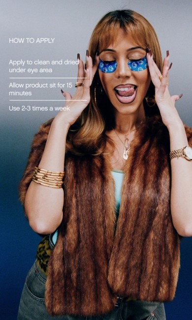 A woman with blue under-eye patches, wearing a fur vest, poses with text instructions on how to apply the product.