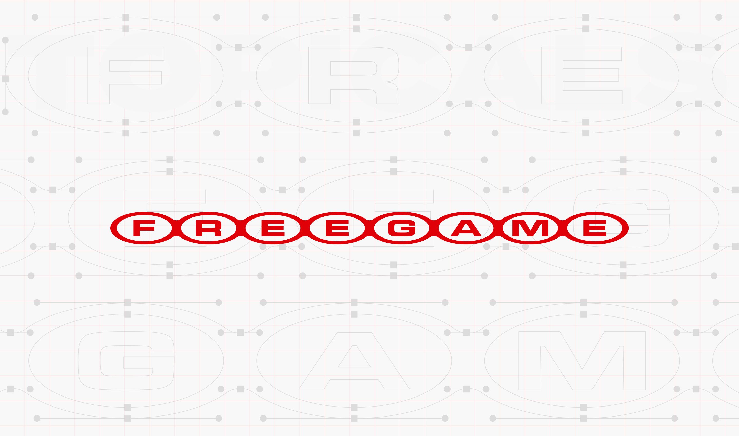 The word "FREEGAME" in red letters, each inside an oval, on a white background with a faint geometric pattern.