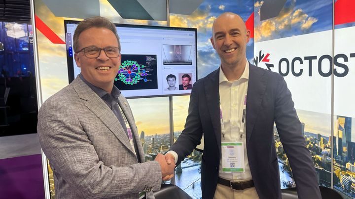 Jez Nelmes, Intelligence Product Manager at BAE Systems, and Octostar COO Zarko Panic shake hands at Security & Policing 2026