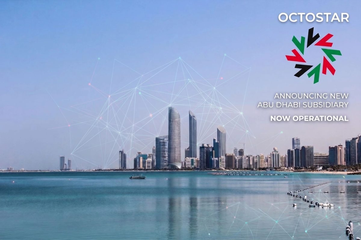 Abu Dhabi skyline across the water with a digital network overlay