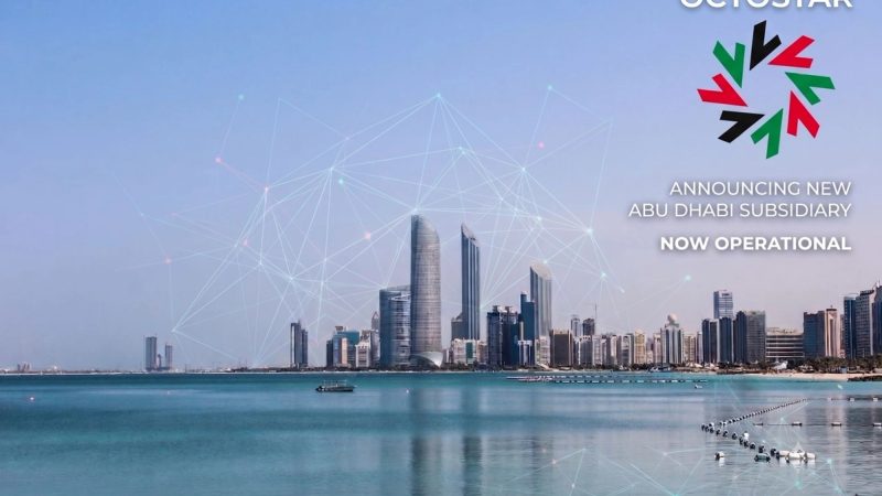 Abu Dhabi skyline across the water with a digital network overlay
