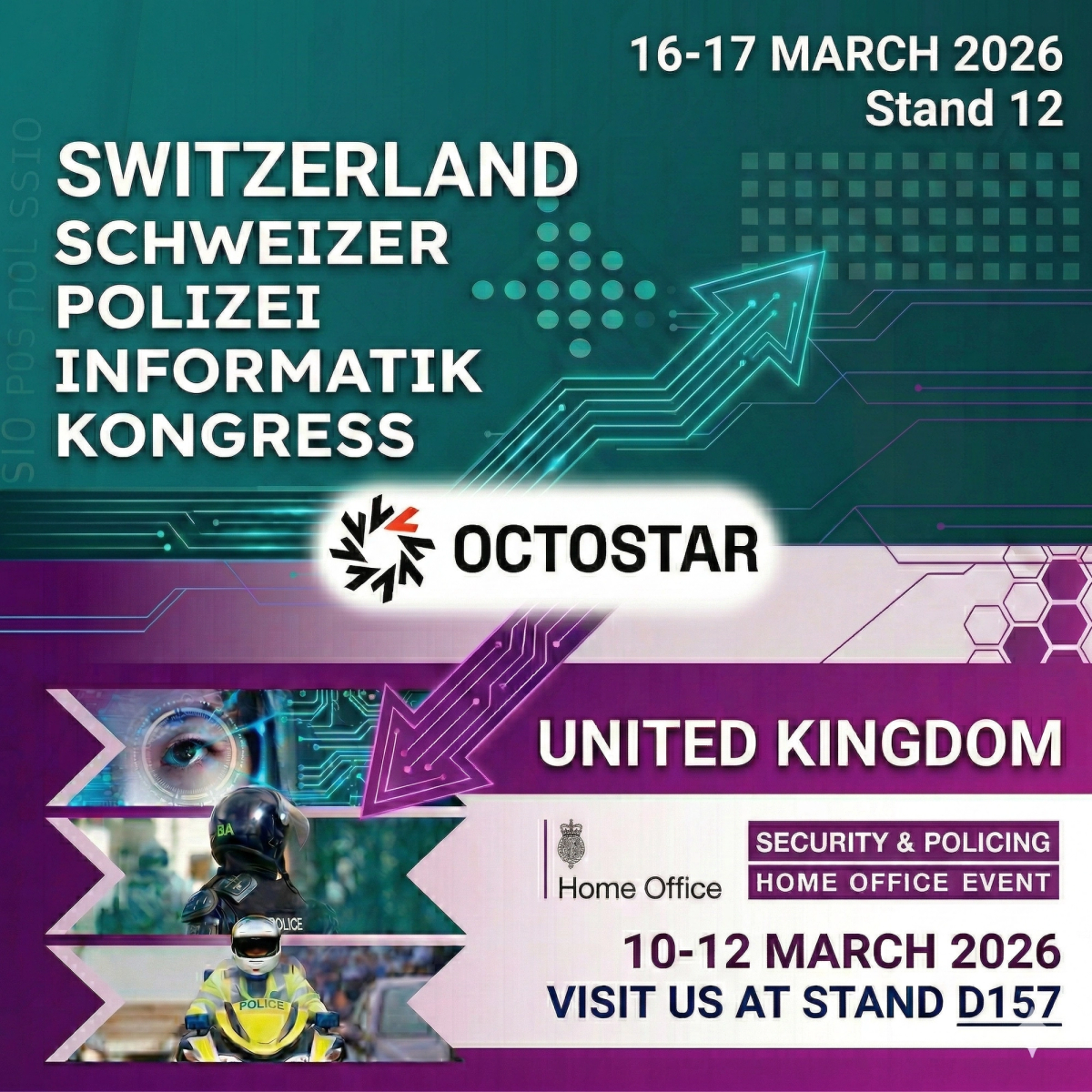 Octostar event banner: SPIK Switzerland, 16–17 March 2026, Stand 12, and UK Security & Policing, 10–12 March 2026, Stand D157