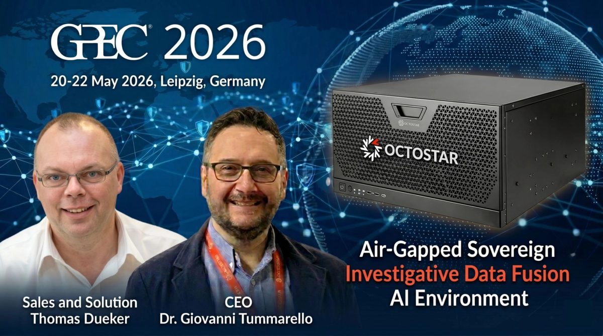GPEC 2026 banner: Thomas Dueker and CEO Dr. Giovanni Tummarello beside the Octostar Octobox air-gapped AI server