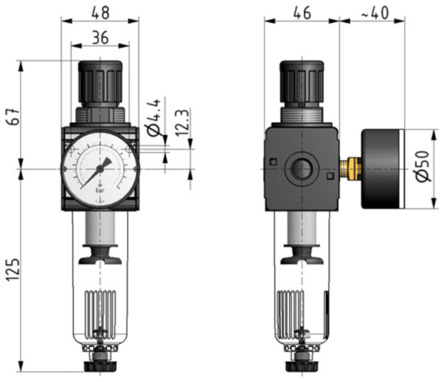 Filter-reduceer ventiel 00-FR 1/4 — afmetingen