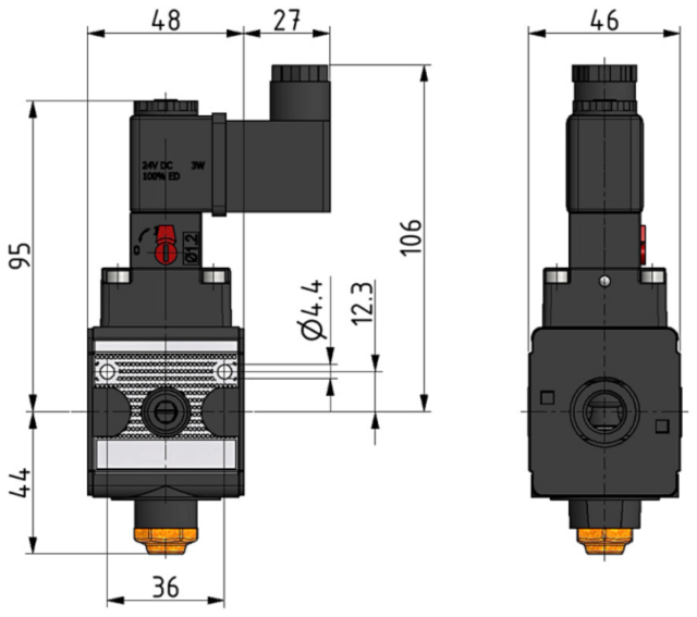 Aan/uit 3/2-ventiel (elektrisch) 00-AUV 24V 1/4 — afmetingen