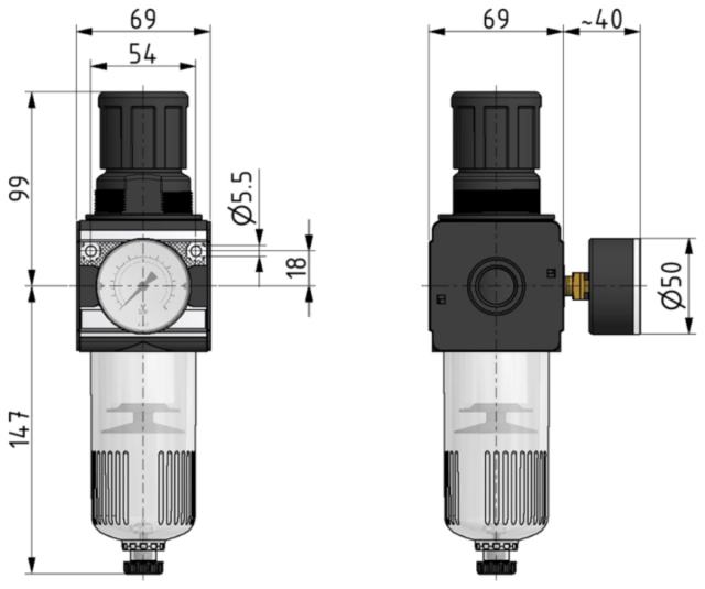 Filter-reduceer ventiel 00-FR 1/2 — afmetingen