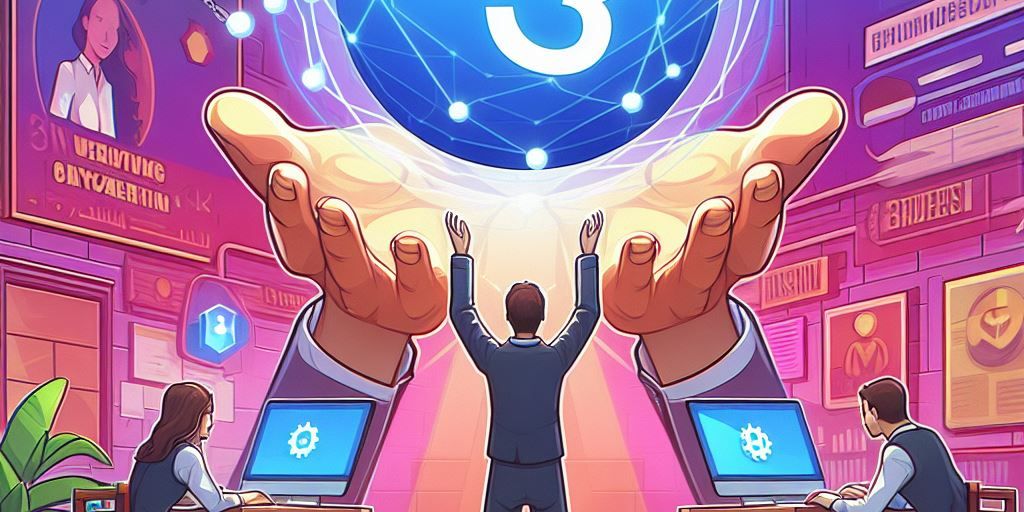 an illustration of a man standing in front of a globe with the word web 3 on it .