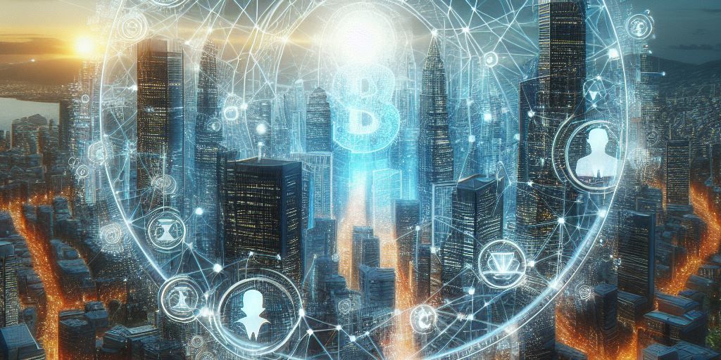 an aerial view of a city with a circle of icons around it .