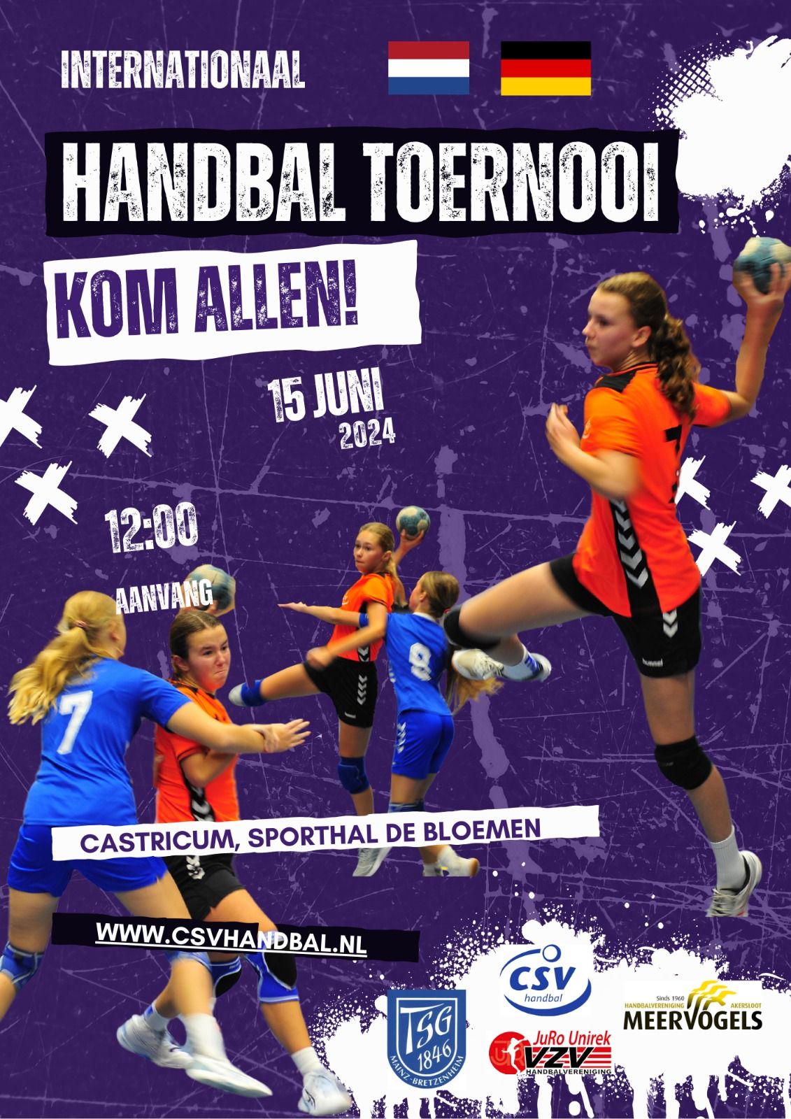 flyer handbaltoernooi 15 juni 2024 12:00 sporthal de bloemen