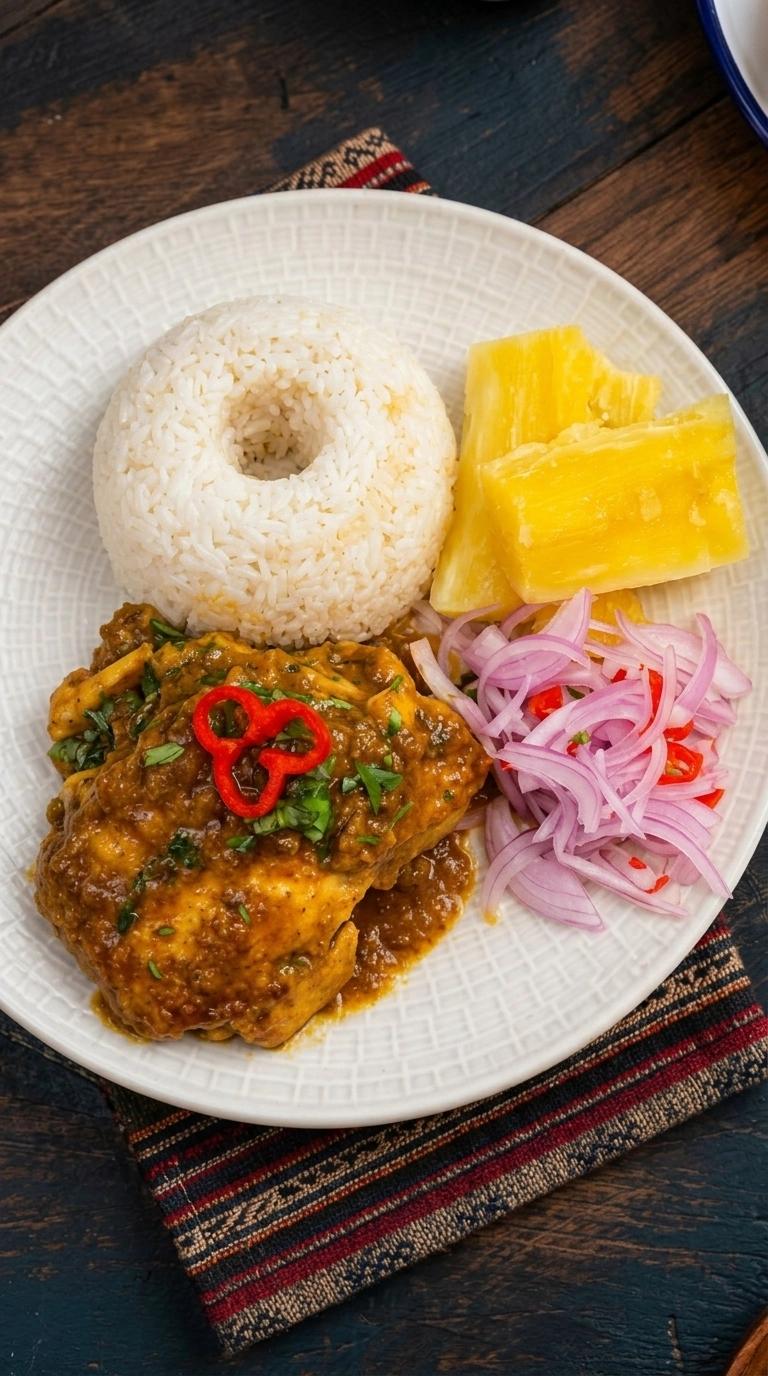 Piatto criollo di pollo in umido con riso, manioca e salsa criolla