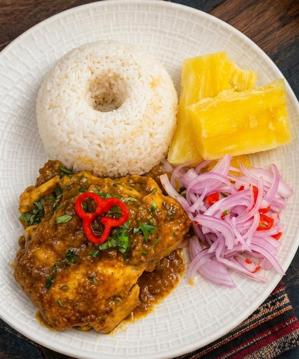 Piatto criollo di pollo in umido con riso, manioca e salsa criolla