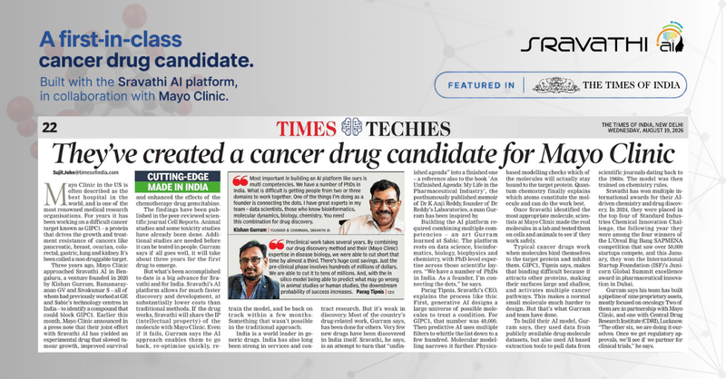 Cover photo for Sravathi AI Advances Cancer Drug Candidate in Collaboration with Mayo Clinic