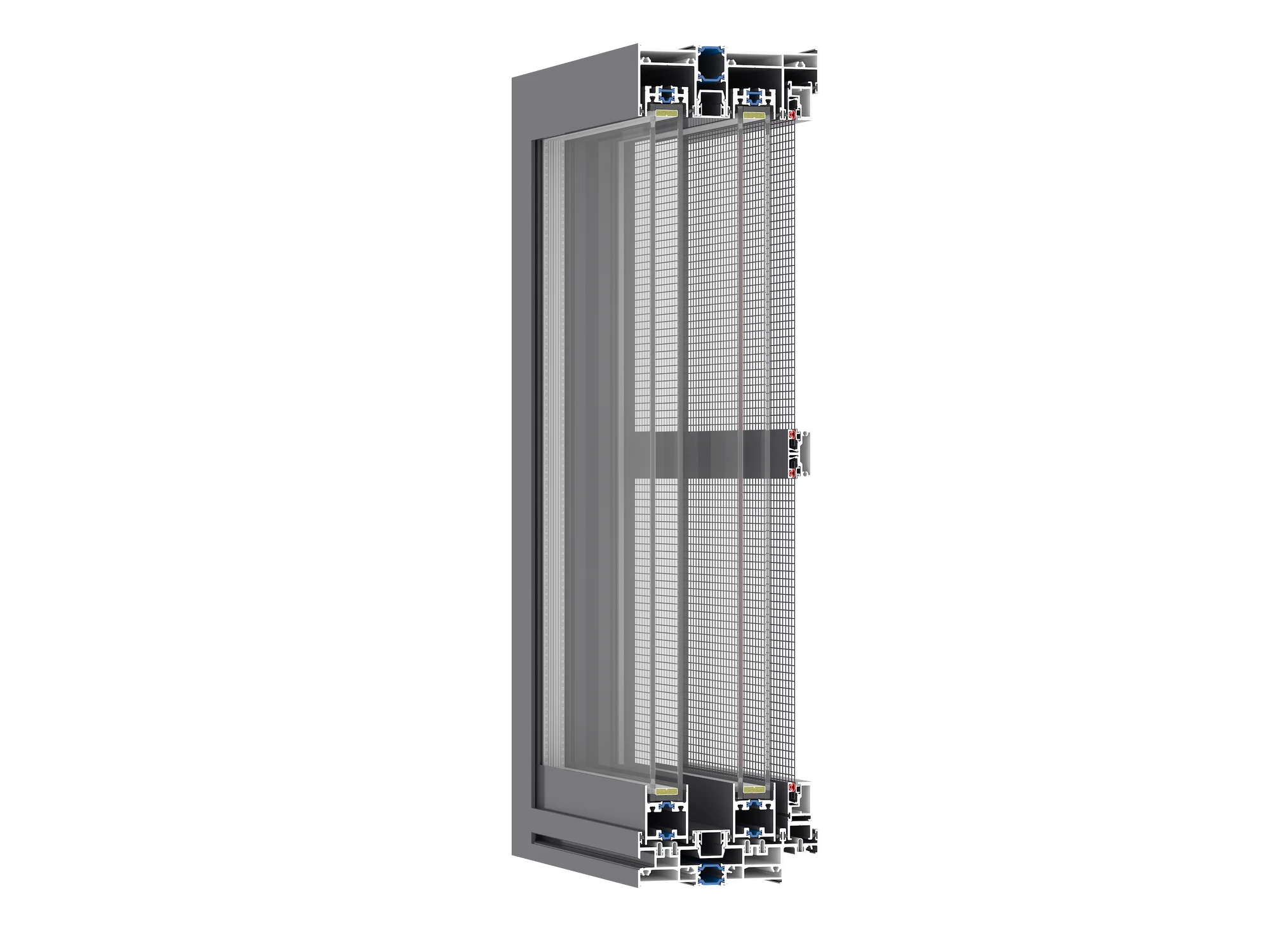 Cutaway view of a panoramic aluminium sliding door with an integrated insect-screen panel and track profiles
