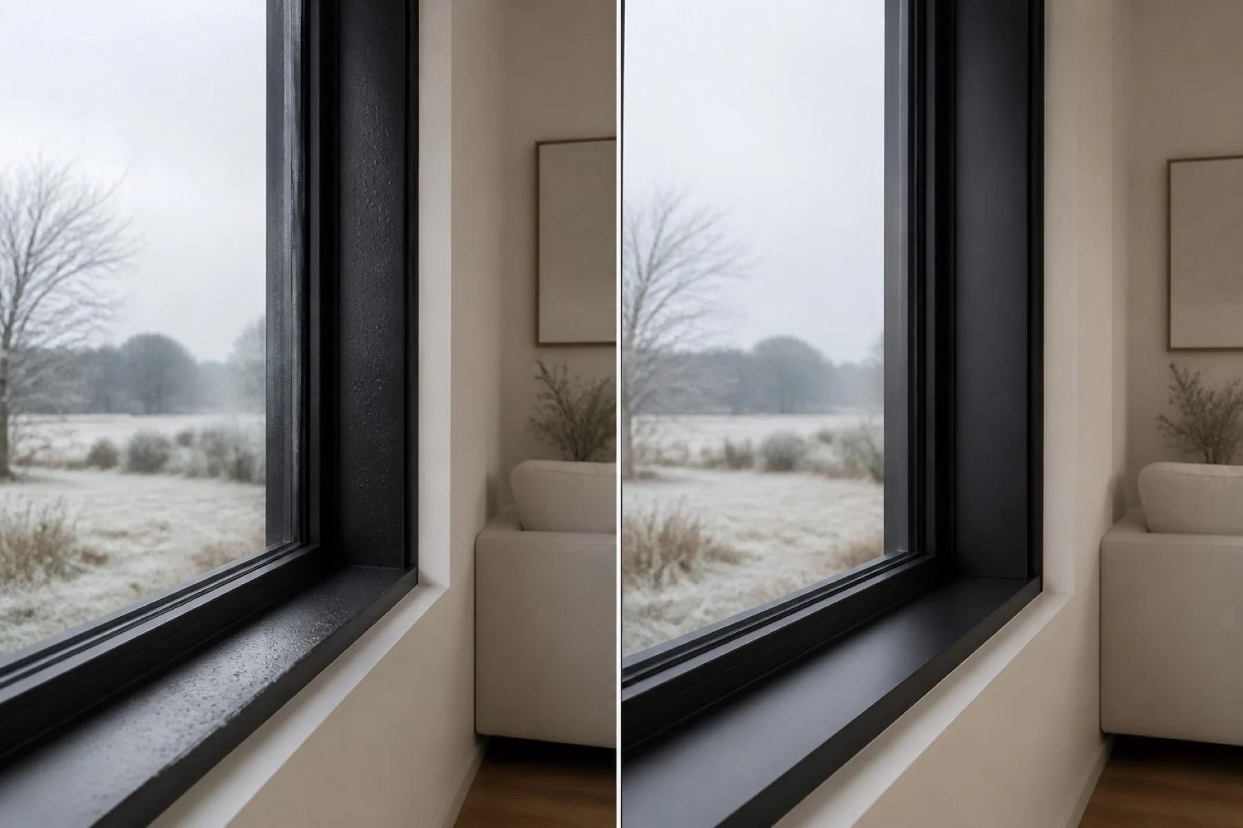 Matching interior windows showing a small amount of condensation on a colder standard aluminium frame and a dry thermally separated frame