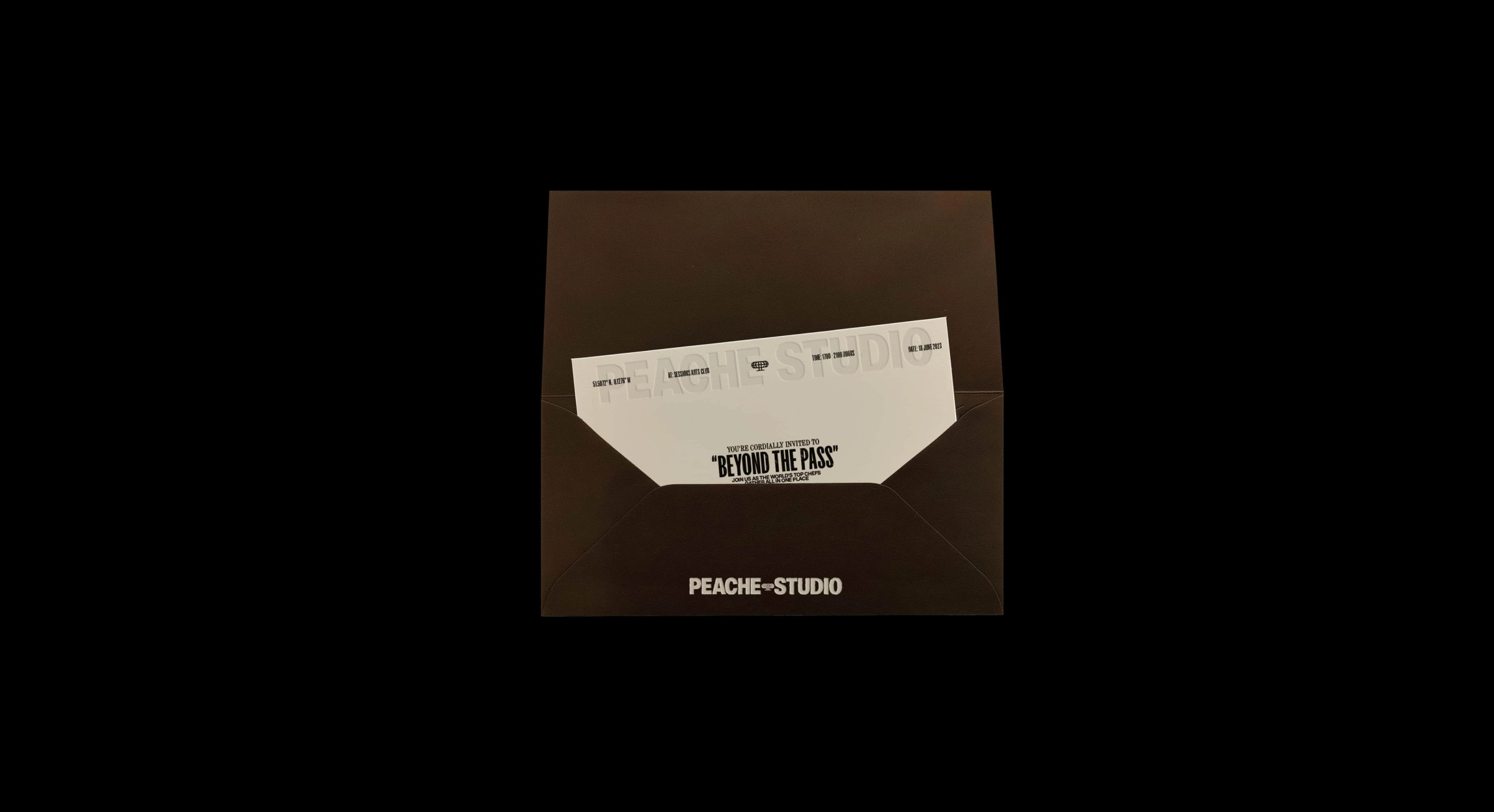 Peache Studio envelope with a Beyond The Pass ticket on black