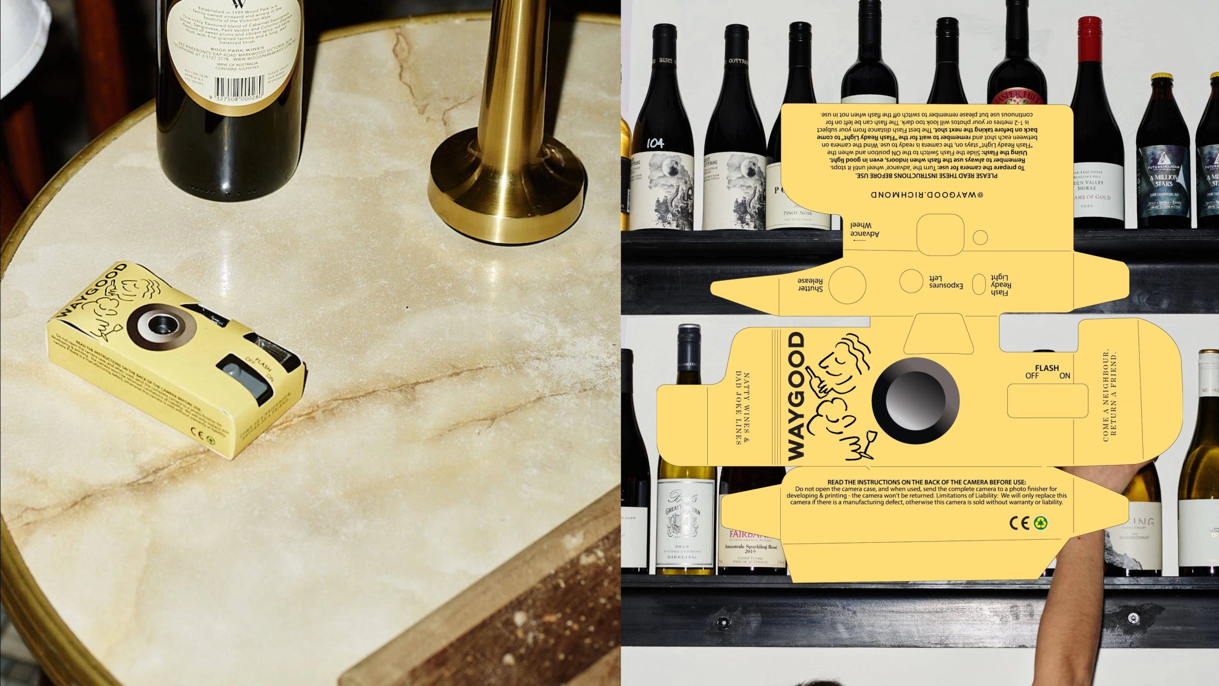 Yellow Waygood disposable camera on a marble table and its flat packaging