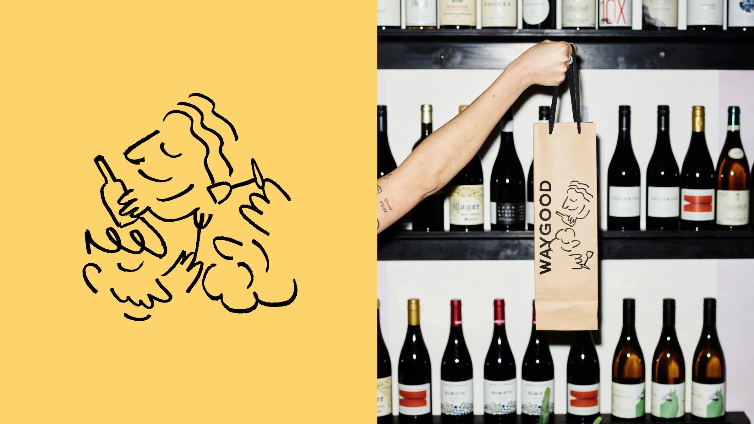 Waygood illustration on yellow beside a branded paper bag in front of a wine wall