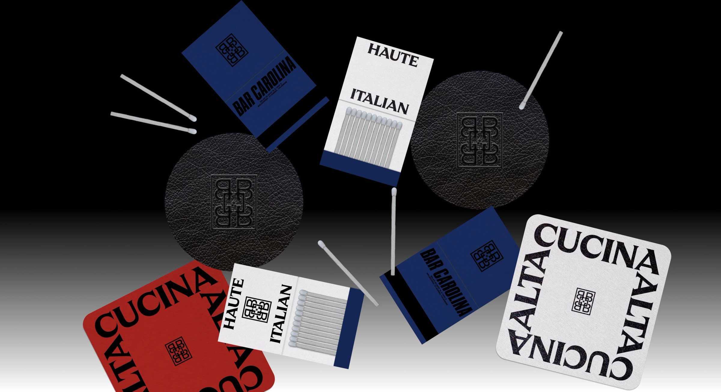 Bar Carolina coasters and matchboxes in red, blue, black and white