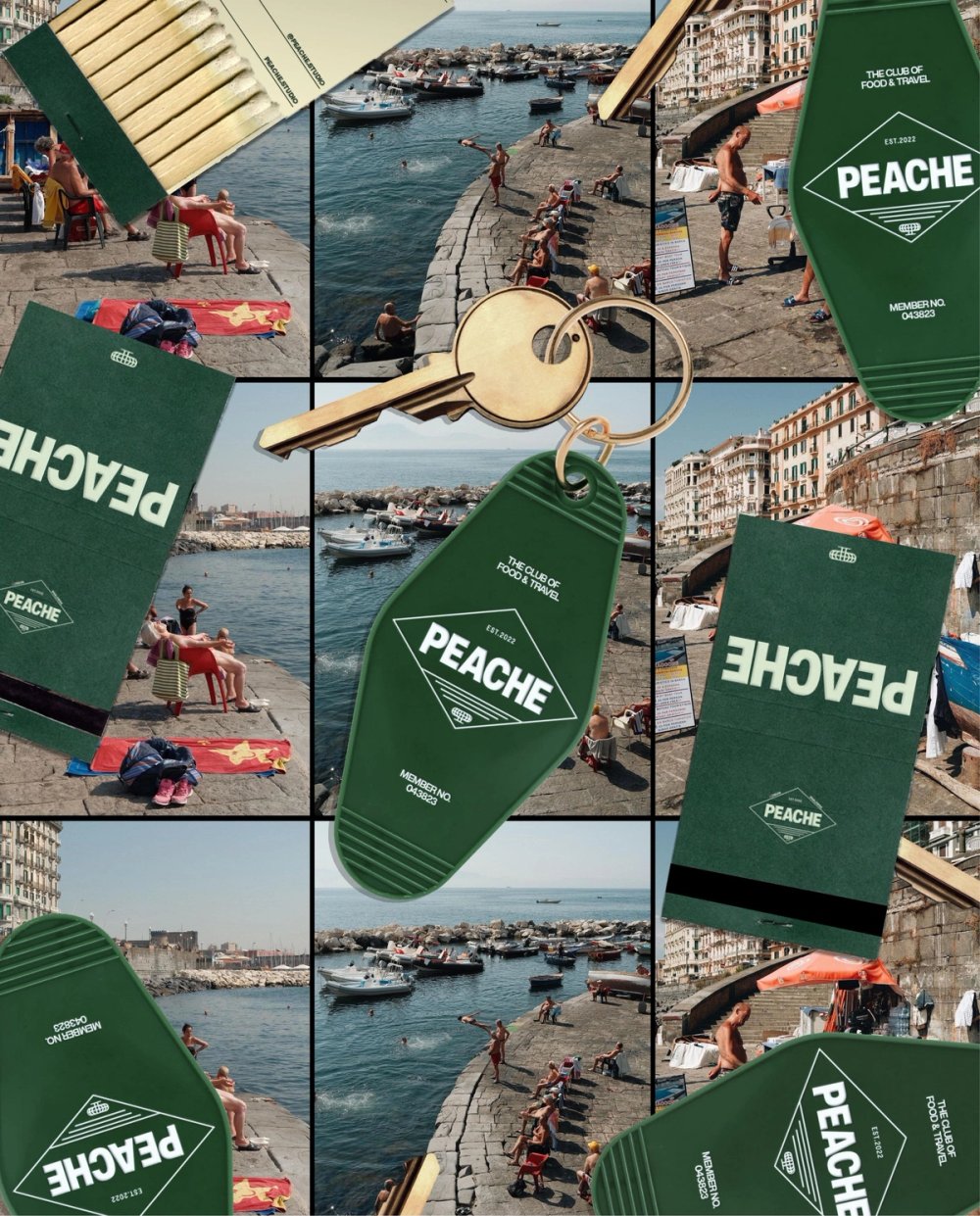 Green Peache key tags and matchbooks over Naples seaside photos