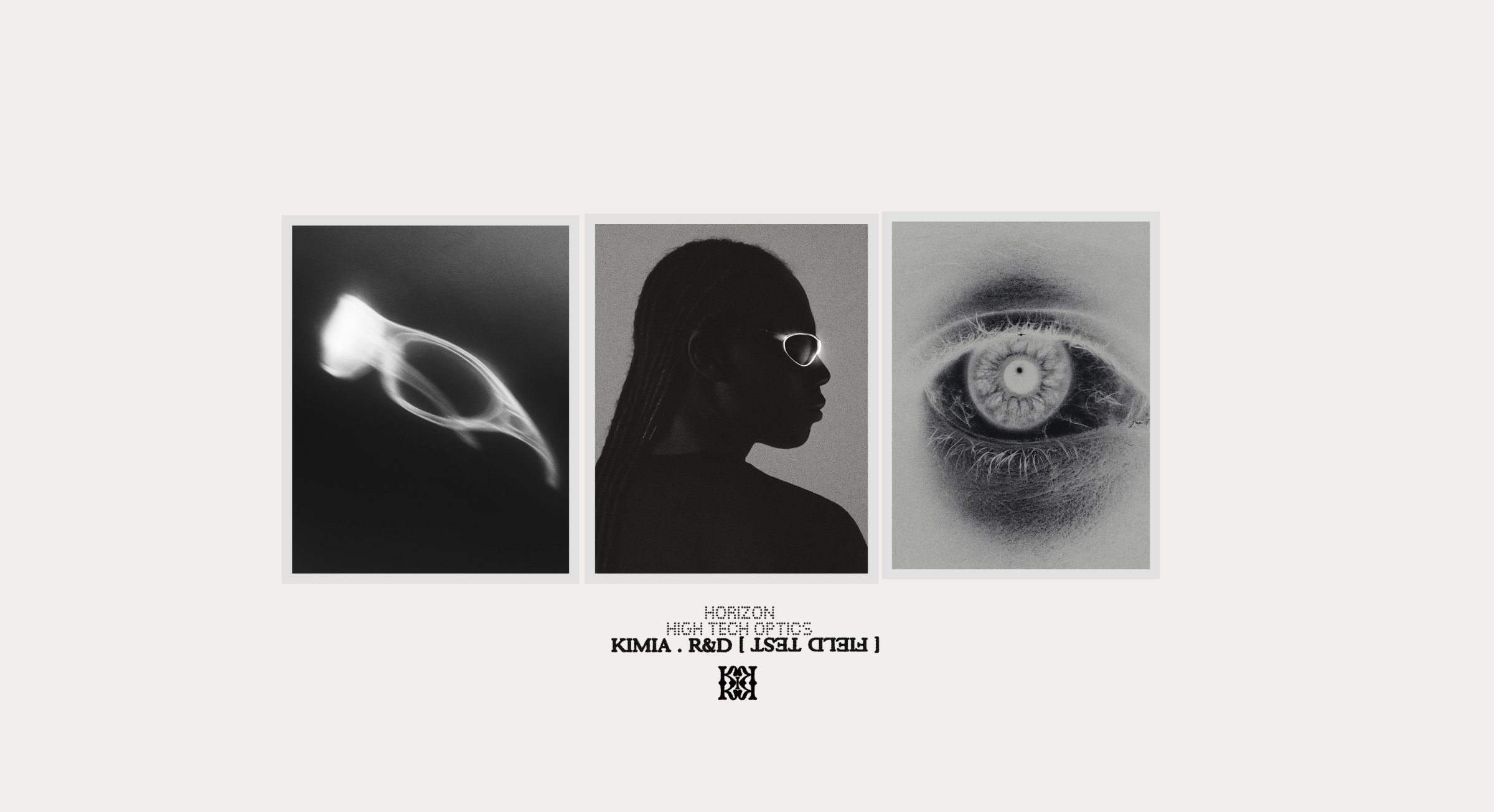 Three HORIZON photos of light, a runner in glasses and an eye, above the KIMIA R&D lockup
