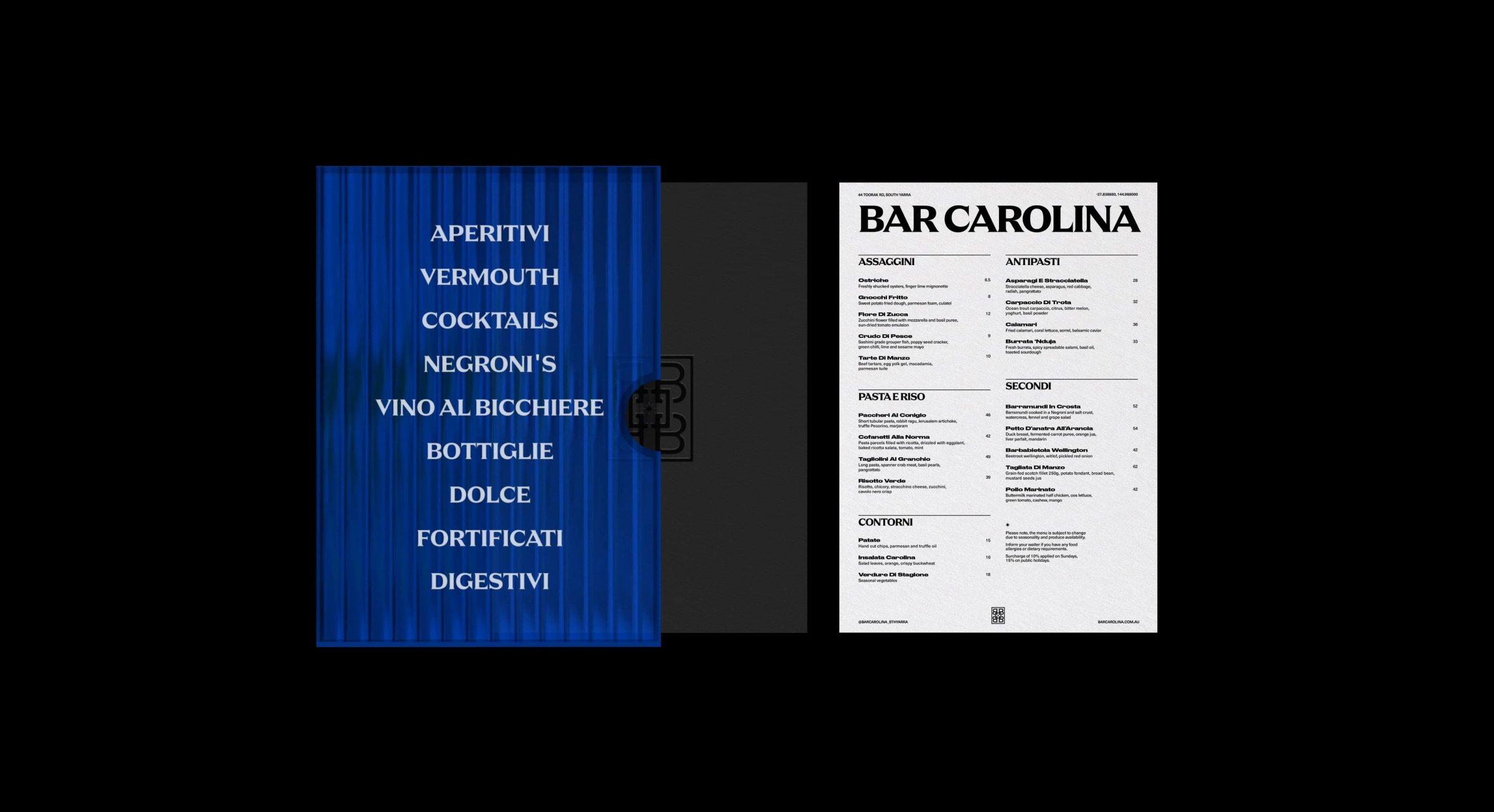 Blue drinks menu cover beside the printed Bar Carolina menu