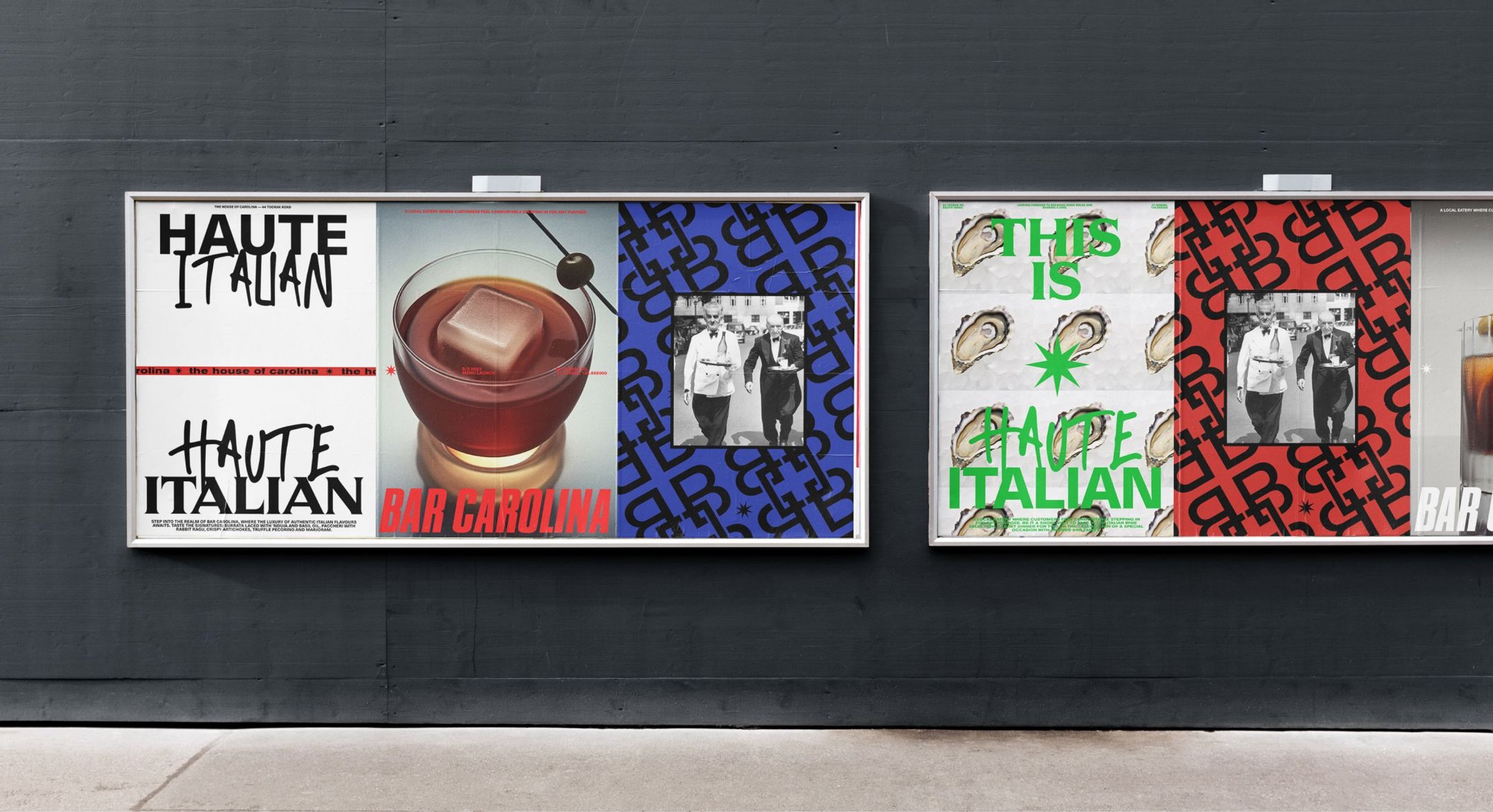Haute Italian paste-up posters on a dark street wall
