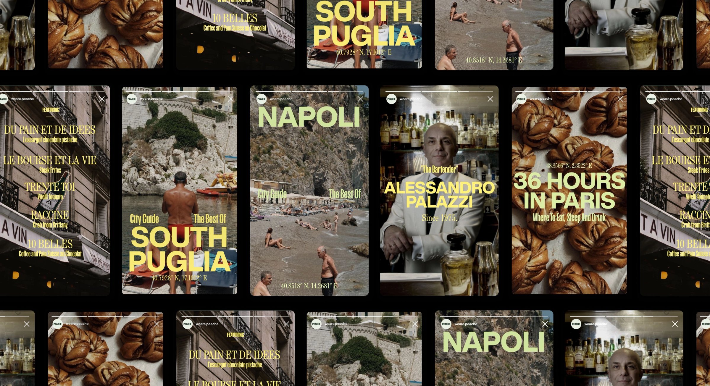Grid of Peache social posts for Napoli, South Puglia and Paris