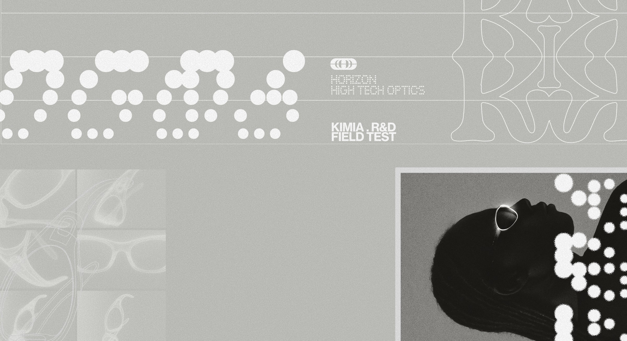 Grey layout with dot-matrix HORIZON type and a runner in glowing glasses