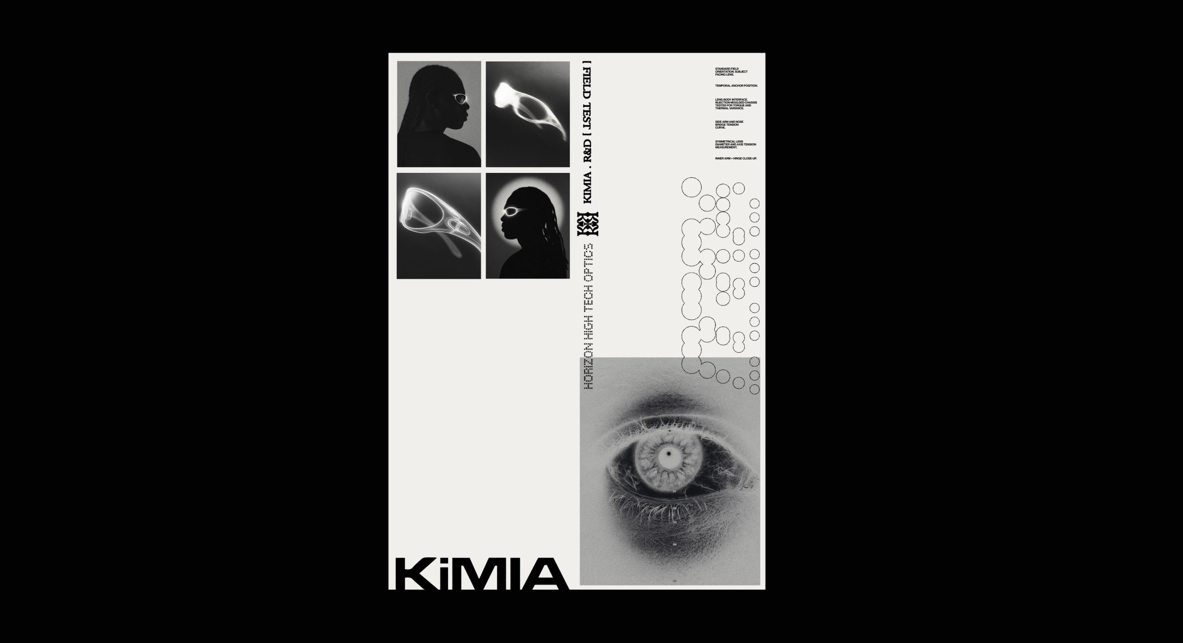KIMIA HORIZON poster with portraits, glasses and a close-up eye on black