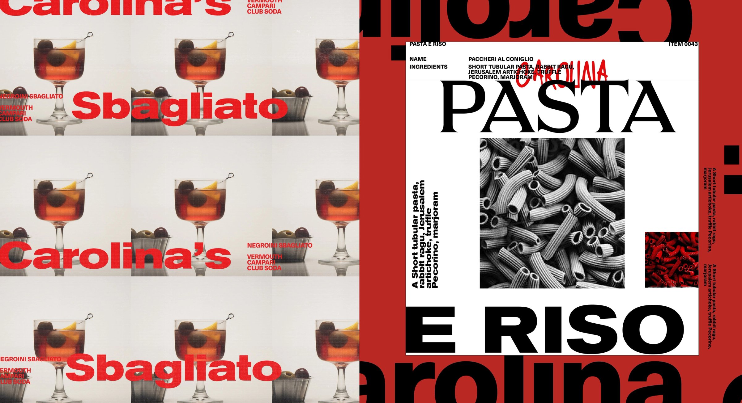 Carolina's Sbagliato posters and a Pasta e Riso menu layout in red