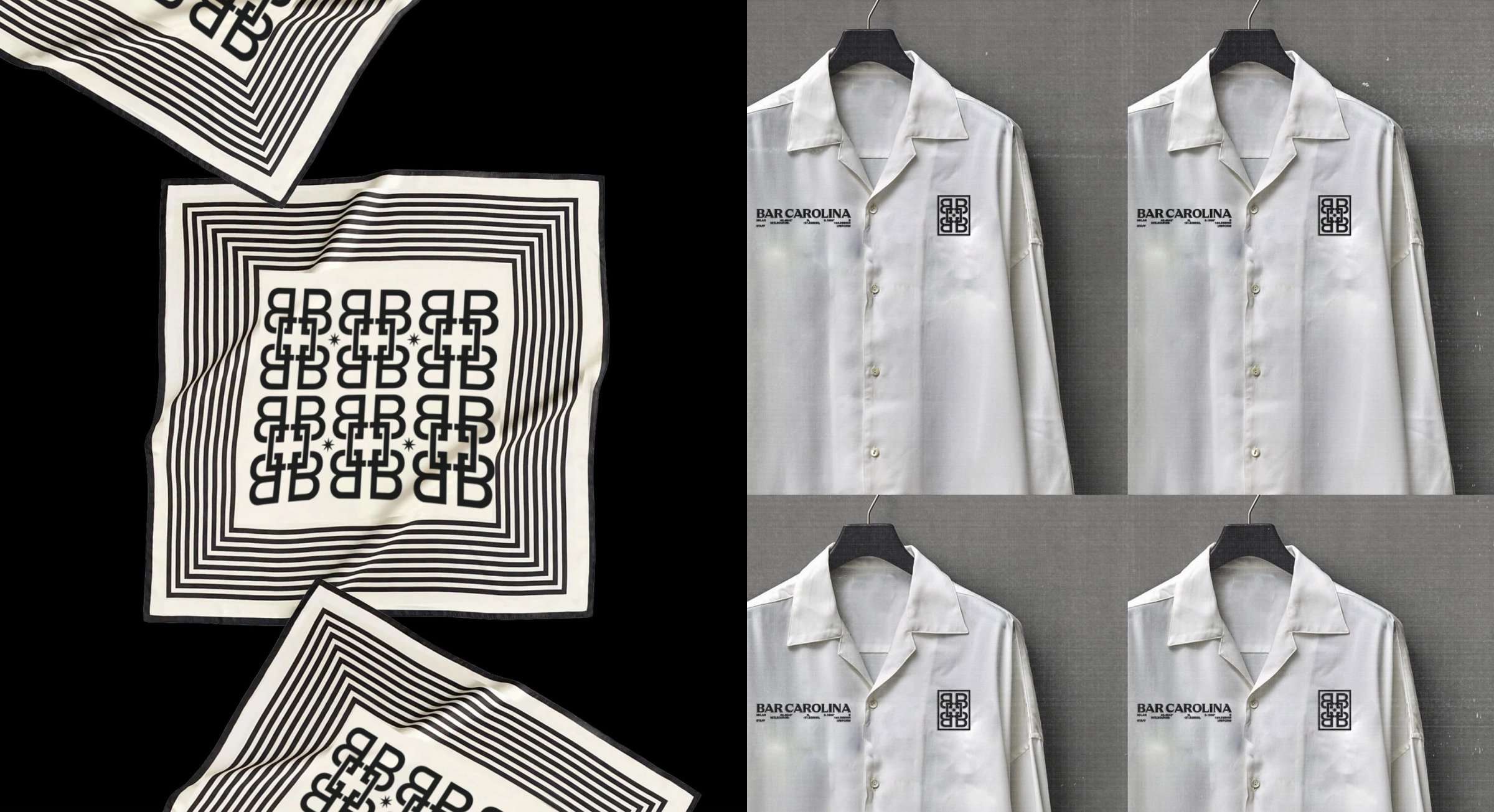 Monogram pattern scarves and white uniform shirts with the Bar Carolina label