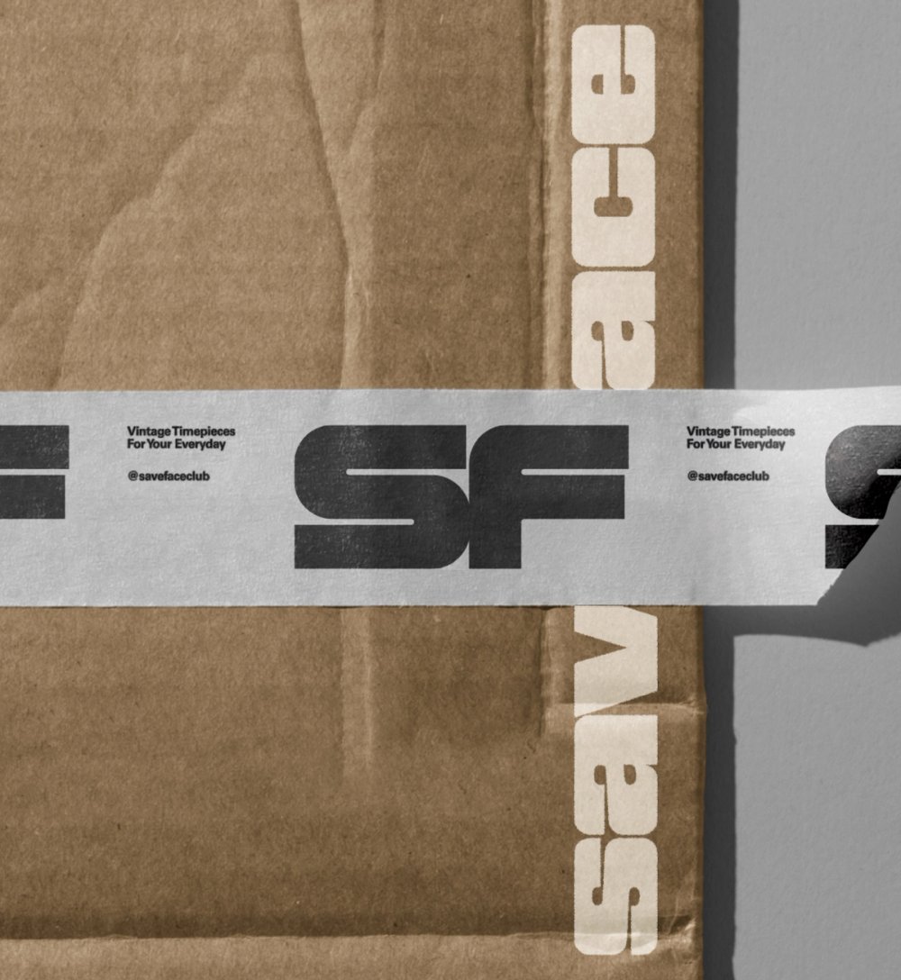 Saveface packing tape on a cardboard box