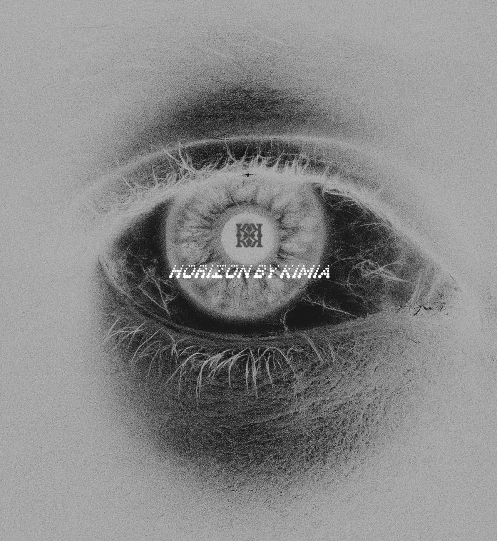 Close-up of an eye with HORIZON by KIMIA in the iris