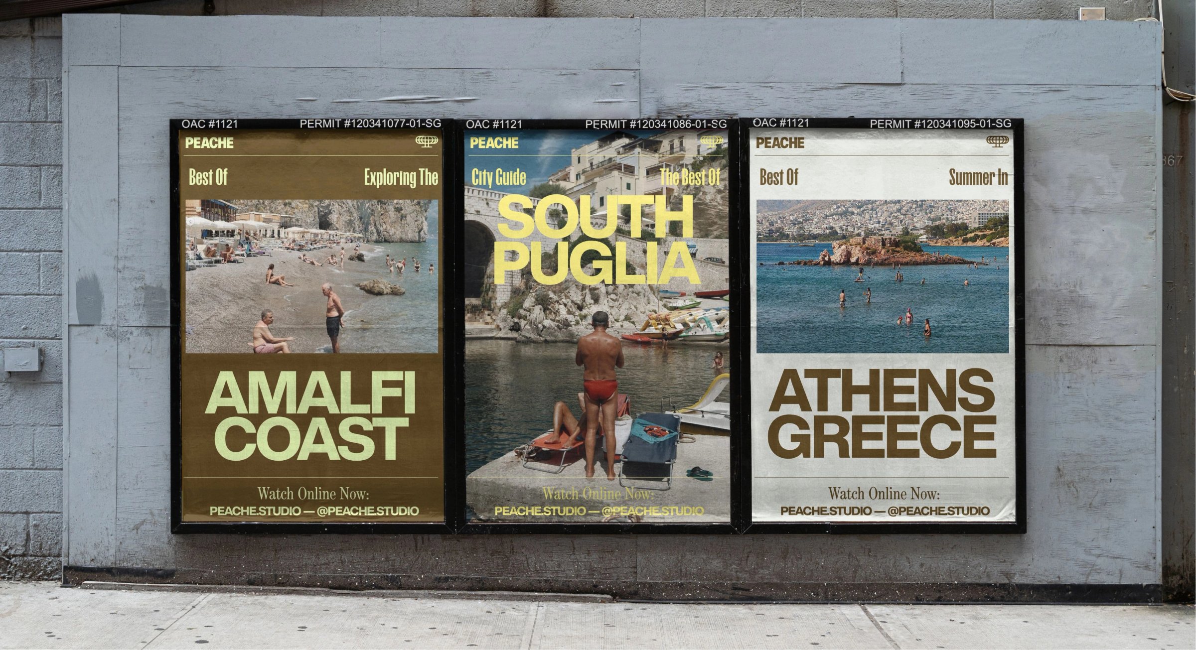 Peache city guide posters for Amalfi Coast, South Puglia and Athens on a street wall