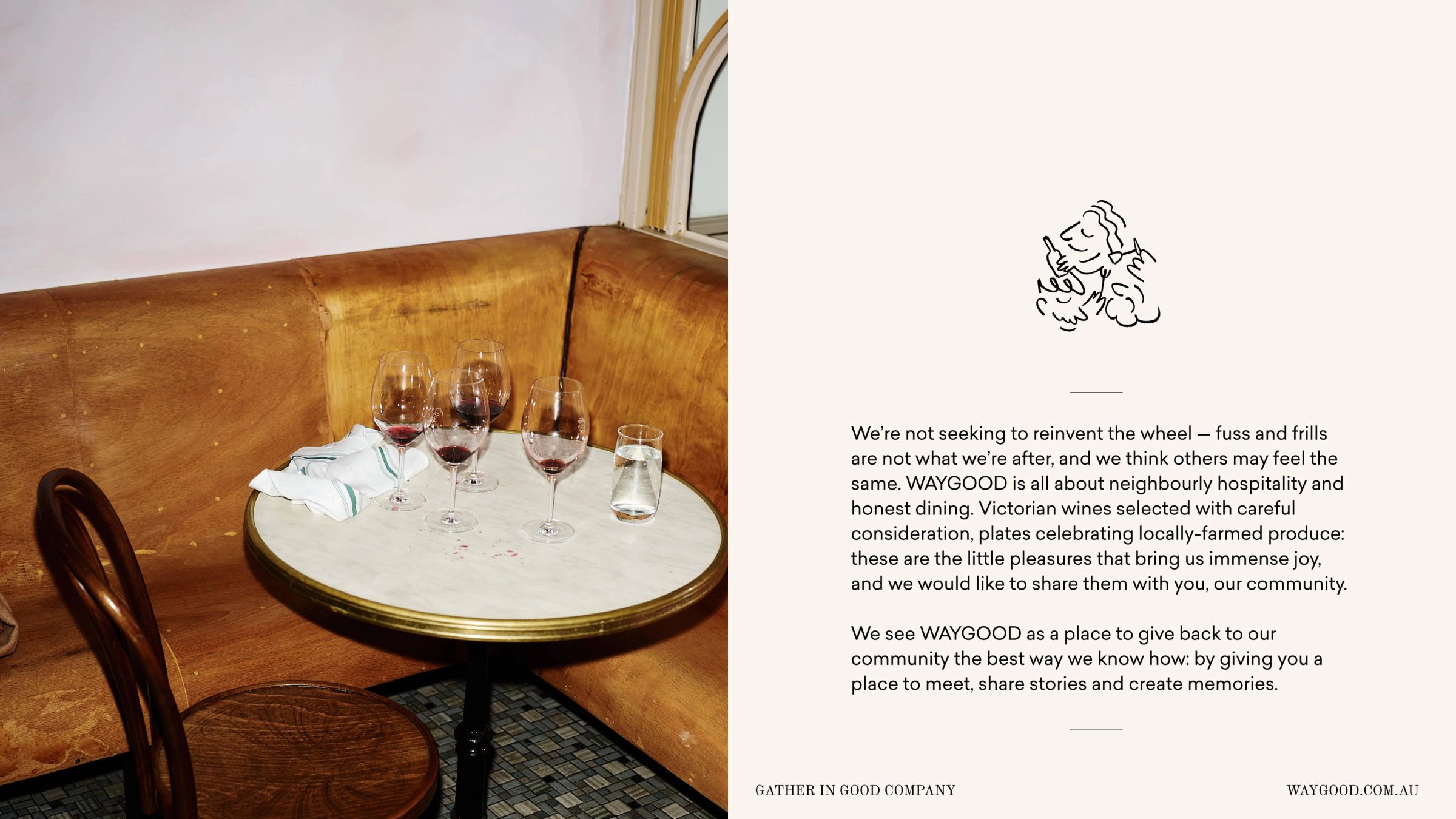 Banquette table with wine glasses beside a page of Waygood brand story