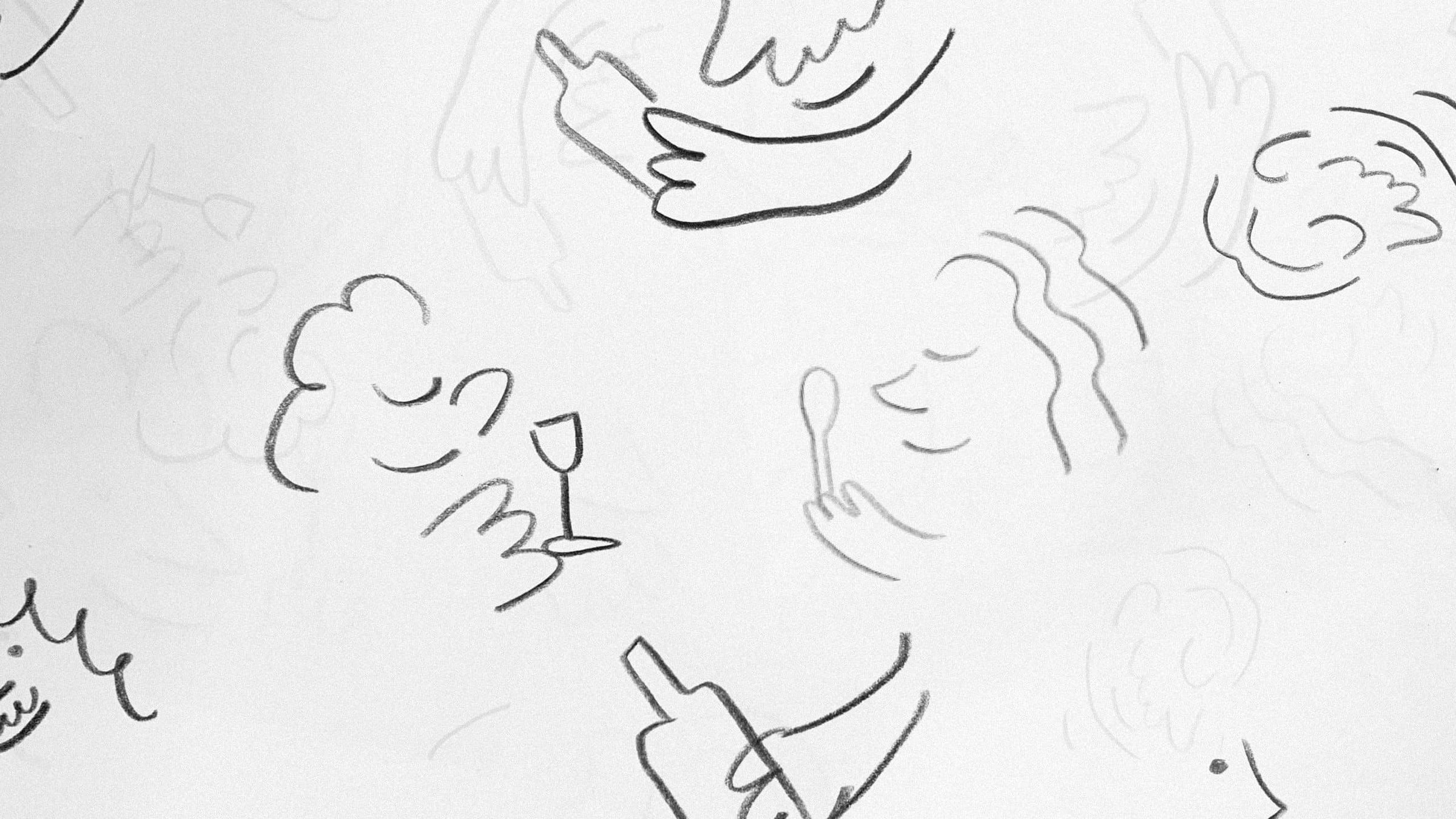 Sketchy line illustrations of people with wine glasses and bottles