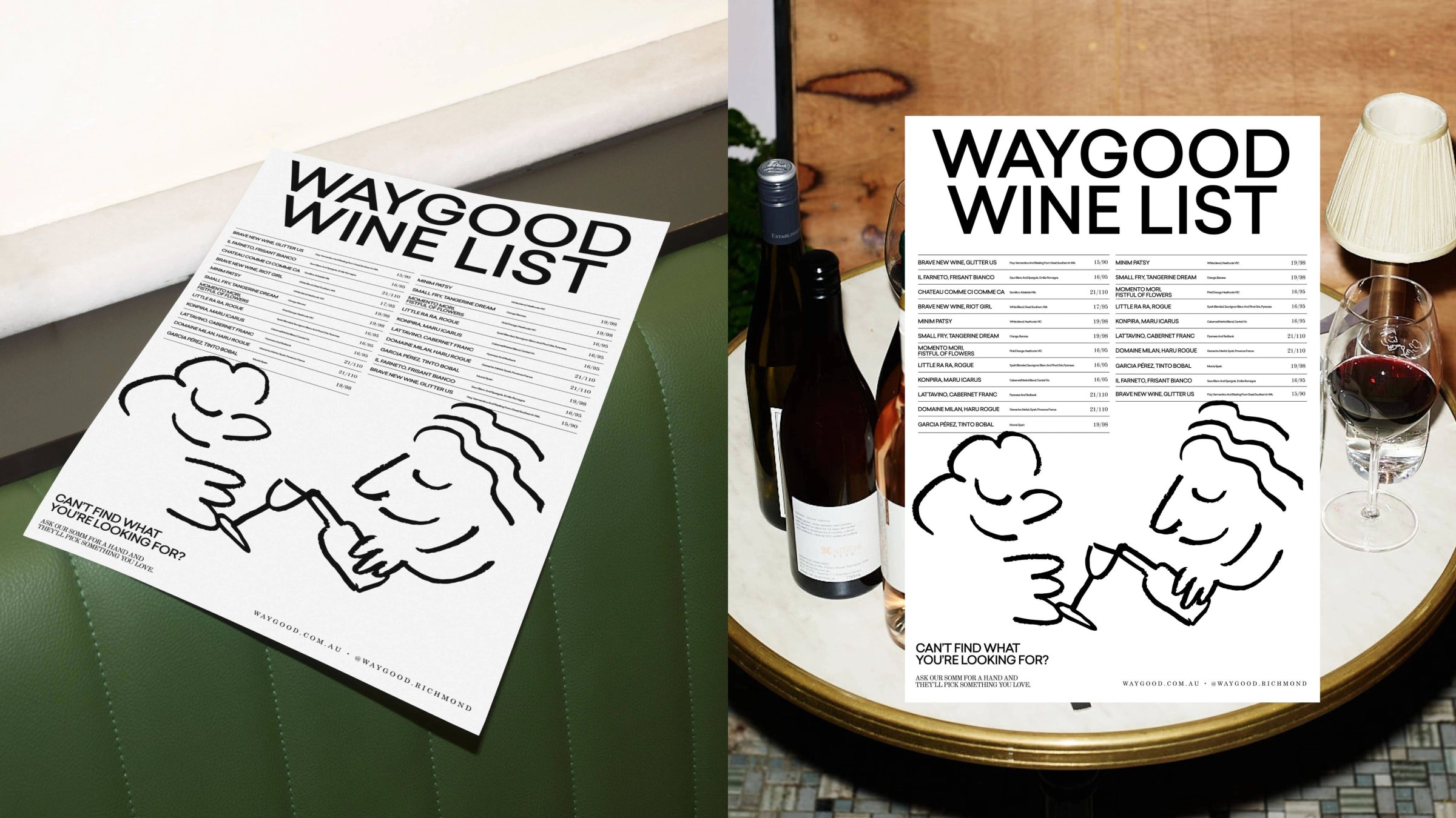 Waygood wine list printed with line illustrations